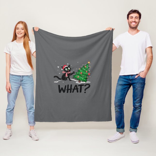 Funny Black Cat Pushing Christmas Tree Cat What? Fleece Blanket (In Situ)