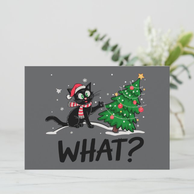 Funny Black Cat Pushing Christmas Tree Cat What? Invitation (Standing Front)