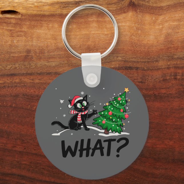 Funny Black Cat Pushing Christmas Tree Cat What? Key Ring (Front)