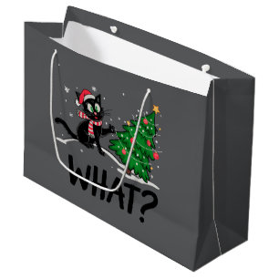 Funny Black Cat Pushing Christmas Tree Cat What? Large Gift Bag