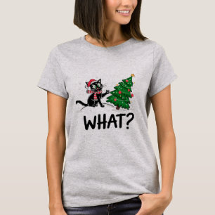 Funny Black Cat Pushing Christmas Tree Cat What? T-Shirt