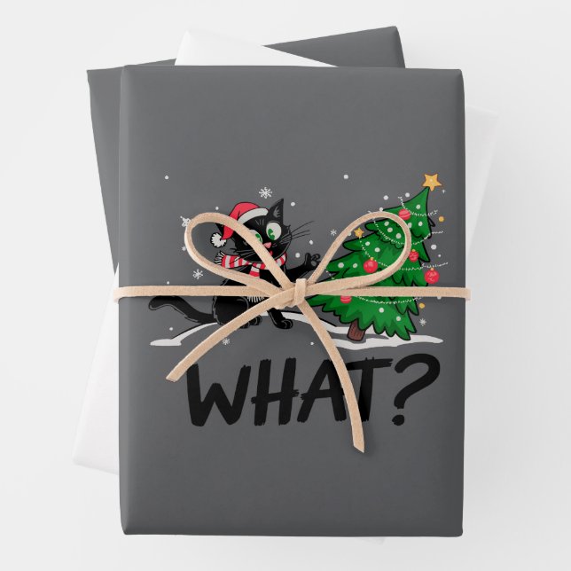 Funny Black Cat Pushing Christmas Tree Cat What? Wrapping Paper Sheet (In situ)