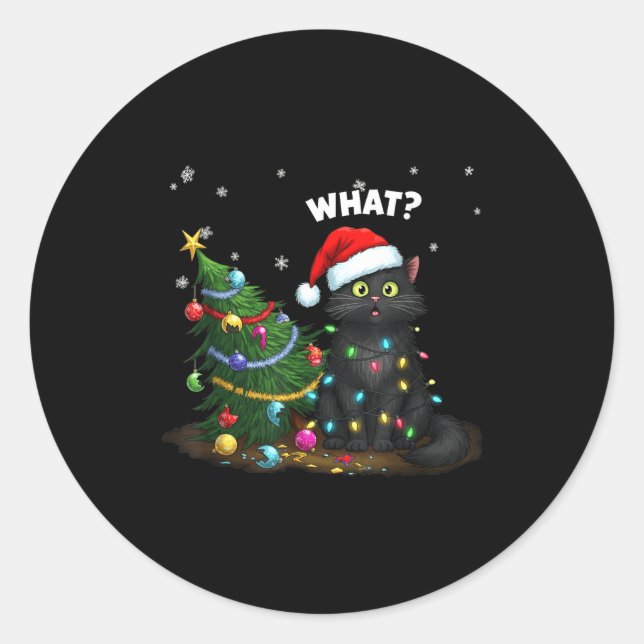 Funny Black Cat Pushing Christmas Tree  Classic Round Sticker (Front)