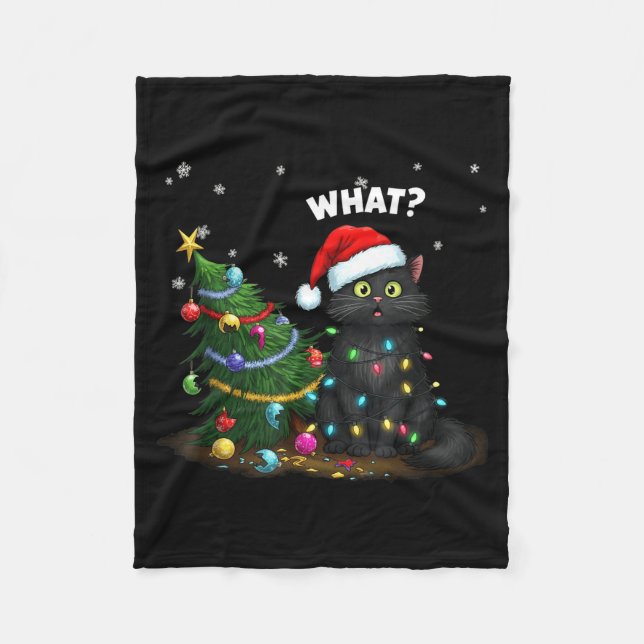 Funny Black Cat Pushing Christmas Tree  Fleece Blanket (Front)