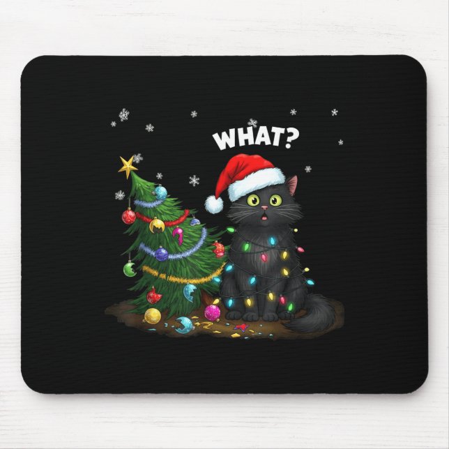 Funny Black Cat Pushing Christmas Tree  Mouse Pad (Front)