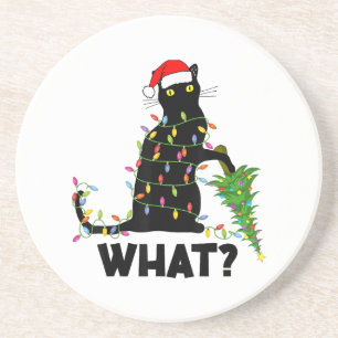 Funny Black Cat Pushing Christmas Tree Over Cat Ch Coaster