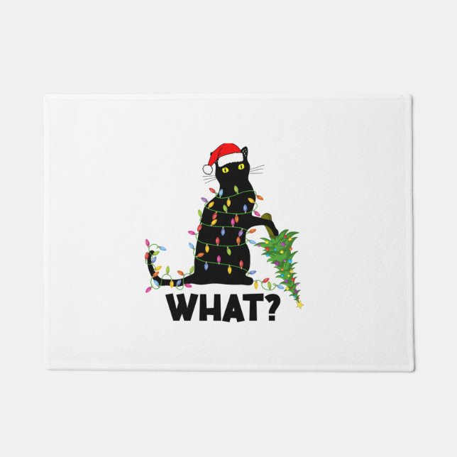 Funny Black Cat Pushing Christmas Tree Over Cat Ch Doormat (Front)
