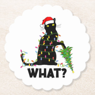 Funny Black Cat Pushing Christmas Tree Over Cat Ch Paper Coaster