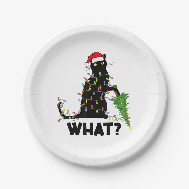 Funny Black Cat Pushing Christmas Tree Over Cat Ch Paper Plate (Front)