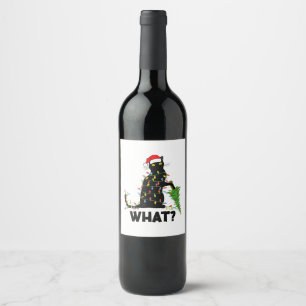 Funny Black Cat Pushing Christmas Tree Over Cat Ch Wine Label