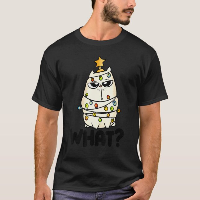 Funny Black Cat  Pushing Christmas Tree Over Cat W T-Shirt (Front)
