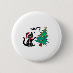 Funny Black Cat Pushing Christmas Tree Over Cat Wh 6 Cm Round Badge