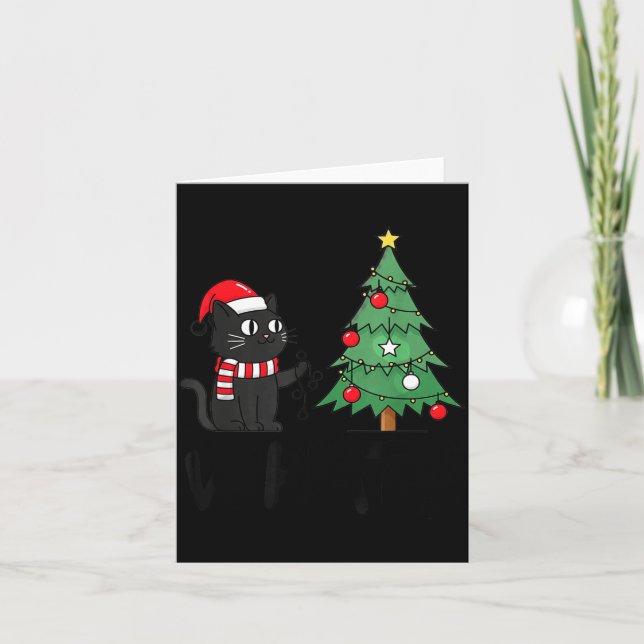 Funny Black Cat Pushing Christmas Tree Over Cat Wh Card (Front)