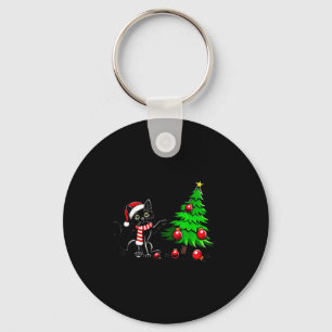Funny Black Cat Pushing Christmas Tree Over Cat Wh Key Ring
