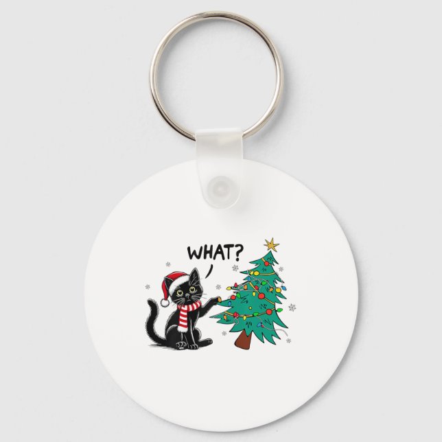 Funny Black Cat Pushing Christmas Tree Over Cat Wh Key Ring (Front)