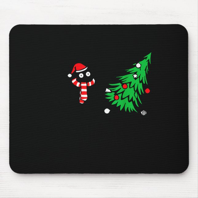 Funny Black Cat Pushing Christmas Tree Over Cat Wh Mouse Pad (Front)