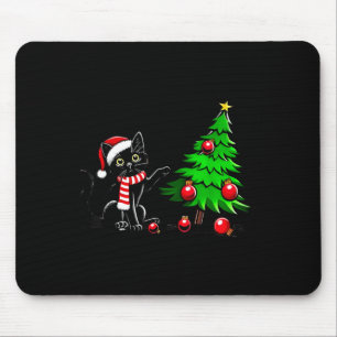 Funny Black Cat Pushing Christmas Tree Over Cat Wh Mouse Pad