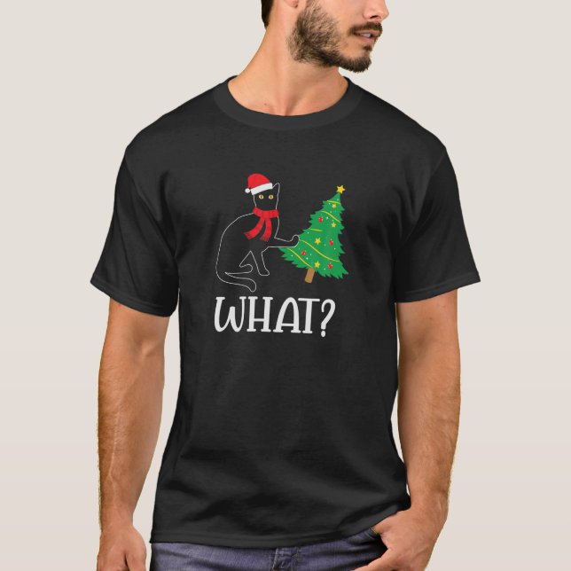 Funny Black Cat Pushing Christmas Tree Over Cat Wh T-Shirt (Front)