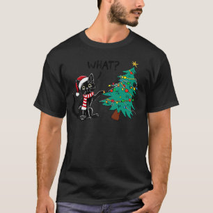 Funny Black Cat Pushing Christmas Tree Over Cat Wh T-Shirt