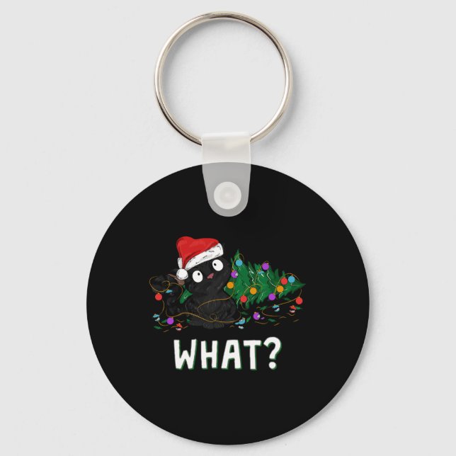 Funny Black Cat Pushing Christmas Tree Over Graphi Key Ring (Front)