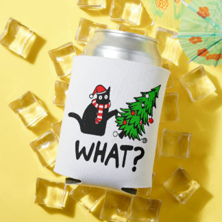 Funny Black Cat Pushing Christmas Tree Pet Lover Can Cooler