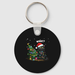 Funny Black Cat Pushing Christmas Tree Tank Top Key Ring