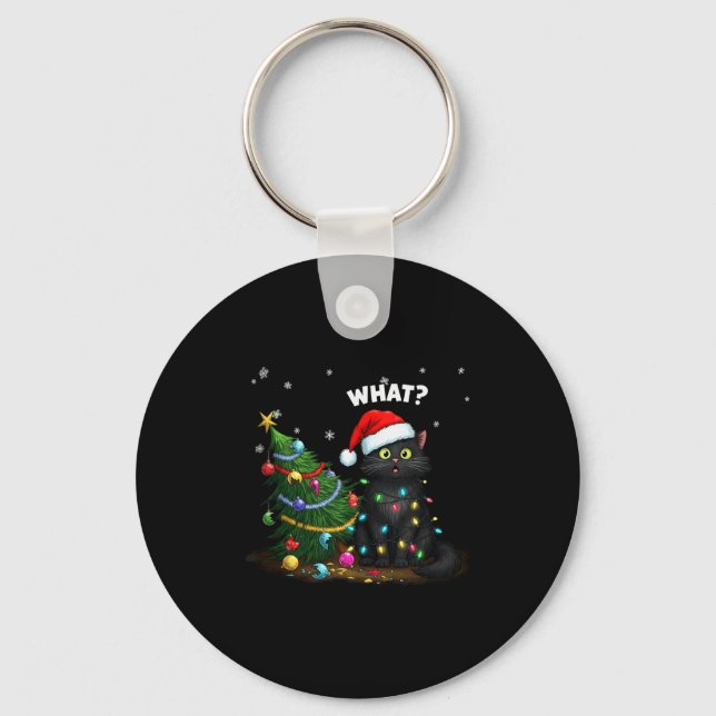 Funny Black Cat Pushing Christmas Tree Tank Top  Key Ring (Front)