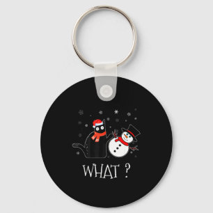 Funny Black Cat Pushing Snowman Christmas Winter C Key Ring