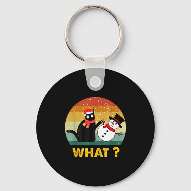 Funny Black Cat Pushing Snowman Xmas Winter Costum Key Ring (Front)