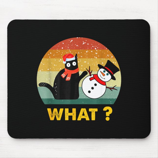 Funny Black Cat Pushing Snowman Xmas Winter Costum Mouse Pad (Front)