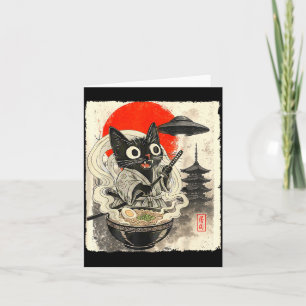 Funny Black Cat Ramen Alien Ufo Abduction Japanese Card