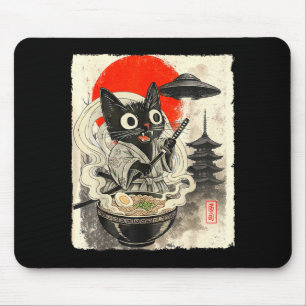 Funny Black Cat Ramen Alien Ufo Abduction Japanese Mouse Pad