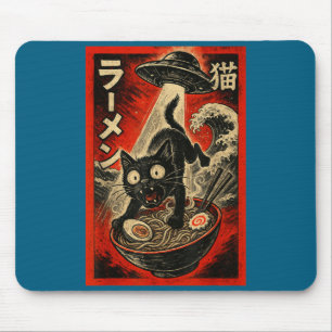 Funny Black Cat Ramen Alien Ufo Abduction Japanese Mouse Pad