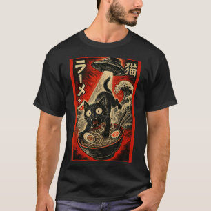 Funny Black Cat Ramen Alien Ufo Abduction Japanese T-Shirt