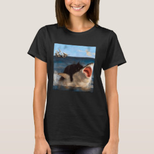 Funny Black Cat Riding a Shark in Epic Ocean Battl T-Shirt