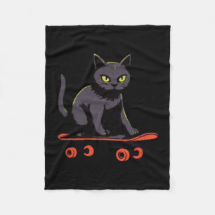 Funny Black Cat Riding A Skateboard Lazy Retro Fleece Blanket