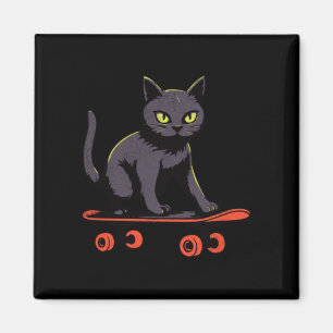 Funny Black Cat Riding A Skateboard Lazy Retro Magnet