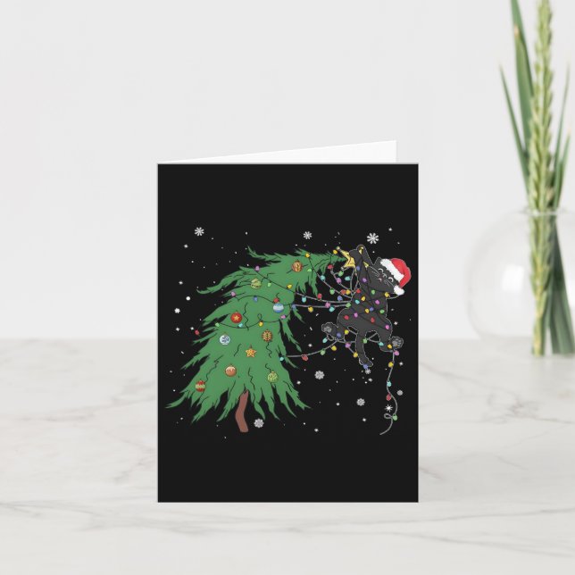 Funny Black Cat Santa Tangled Up In Christmas Tree Card (Front)