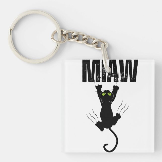 Funny Black Cat Scratching "MIAW" Graphic Square Key Ring (Front)