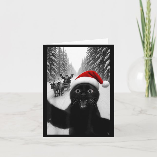 Funny Black Cat Selfie With Santa Christmas Men Wo Card (Front)