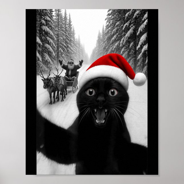 Funny Black Cat Selfie With Santa Christmas Men Wo Poster (Front)