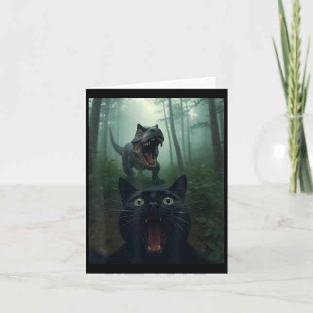 Funny Black Cat Selfie With T-rex Dinosaur Forest  Card (Front)