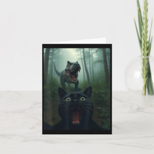 Funny Black Cat Selfie With T-rex Dinosaur Forest Card