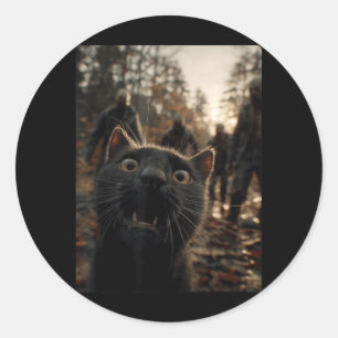 Funny Black Cat Selfie With Zombies Feline Animal Classic Round Sticker