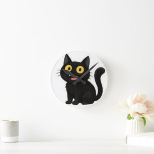  Funny Black Cat Sticker with Yellow Eyes Round Clock