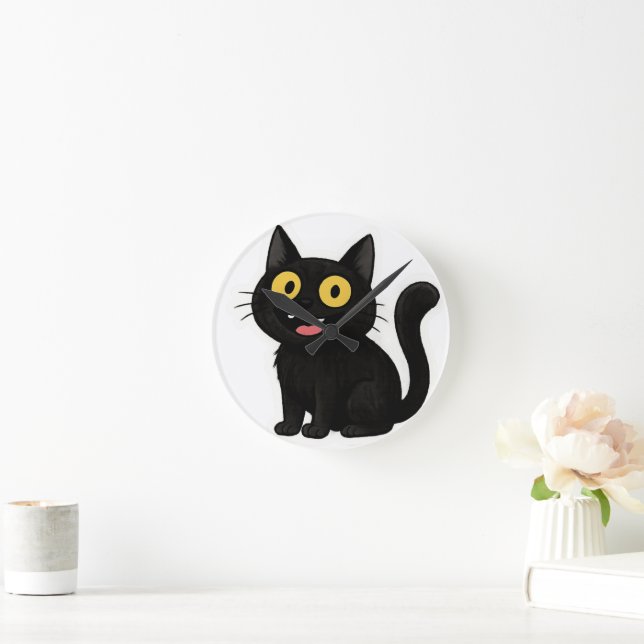  Funny Black Cat Sticker with Yellow Eyes Round Clock (Home)