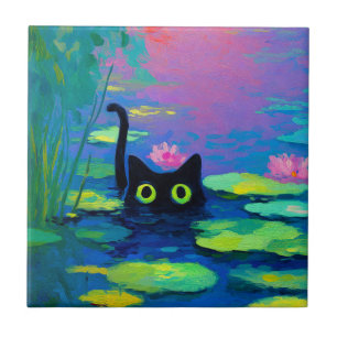 Funny Black Cat Swimming in Pond Quirky Art Ceramic Tile