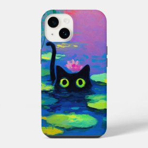 Funny Black Cat Swimming in Pond Quirky Art iPhone 14 Case