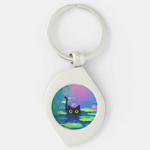 Funny Black Cat Swimming in Pond Quirky Art Key Ring
