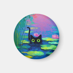 Funny Black Cat Swimming in Pond   Quirky Art Magnet
